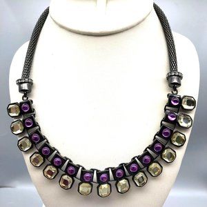 Vintage Purple Art Deco Bib Necklace from Lia Sophia, Whimsigoth Gunmetal Mesh